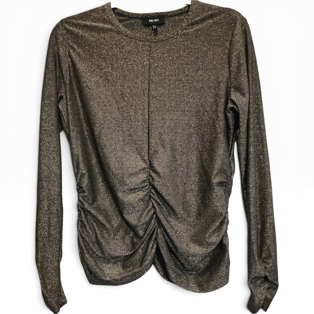 ME+EM Bronze Metallic Ruched Long Sleeve Top US 12 Crew‎ Neck Shimmer Shirt L
